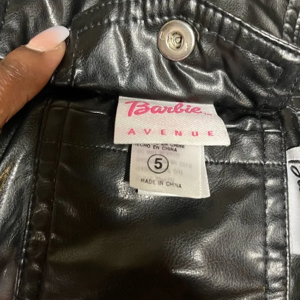 Barbie faux black leather/cow print biker reversible jacket sz5